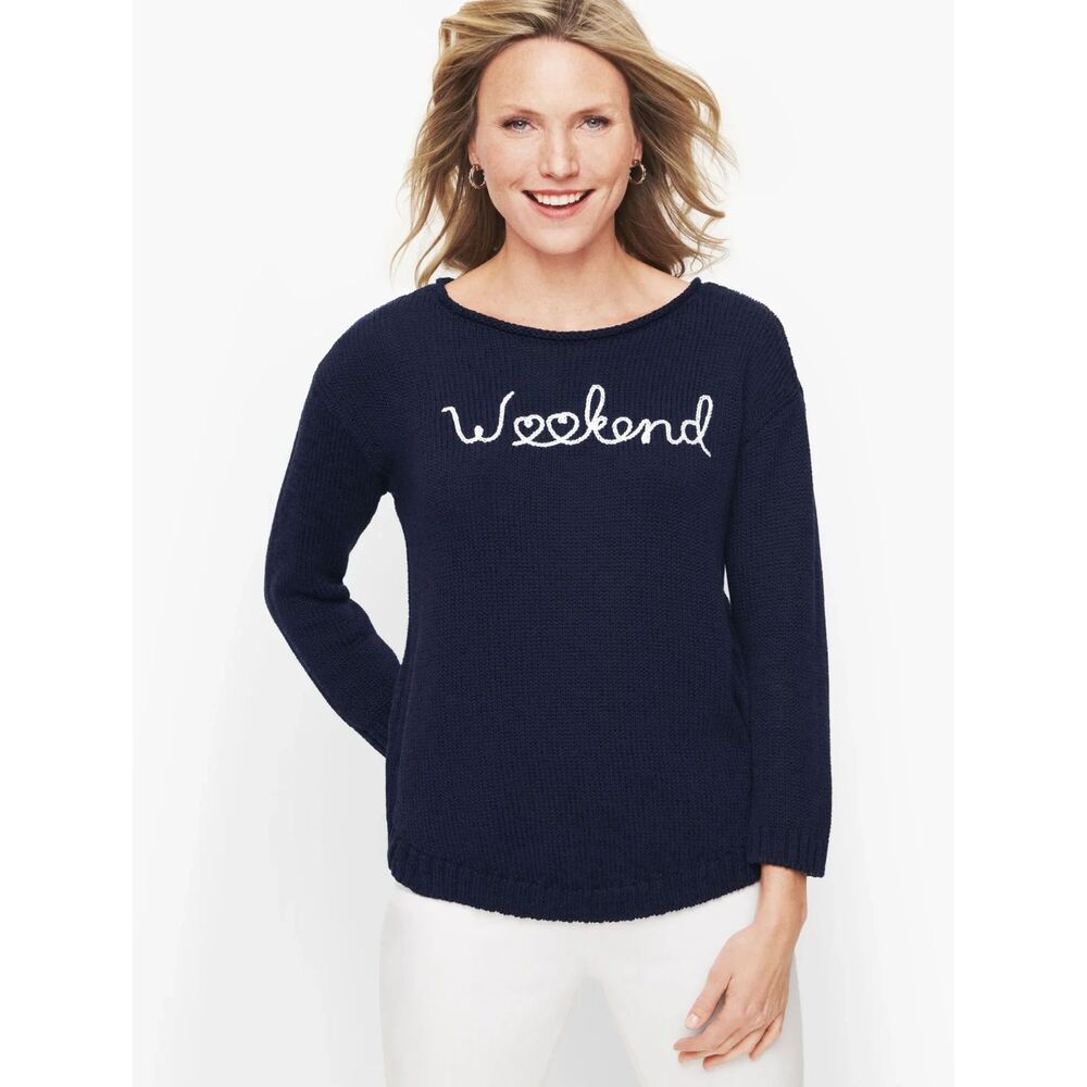 Talbots Open Knit Embroidered Weekend Sweater - Navy/White
